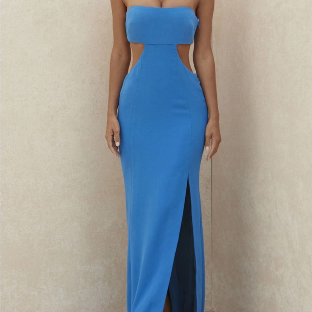 CHARMING STRAPLESS CUT OUT HIGH SLIT MAXI PROM FORMAL DRESS - BLUE